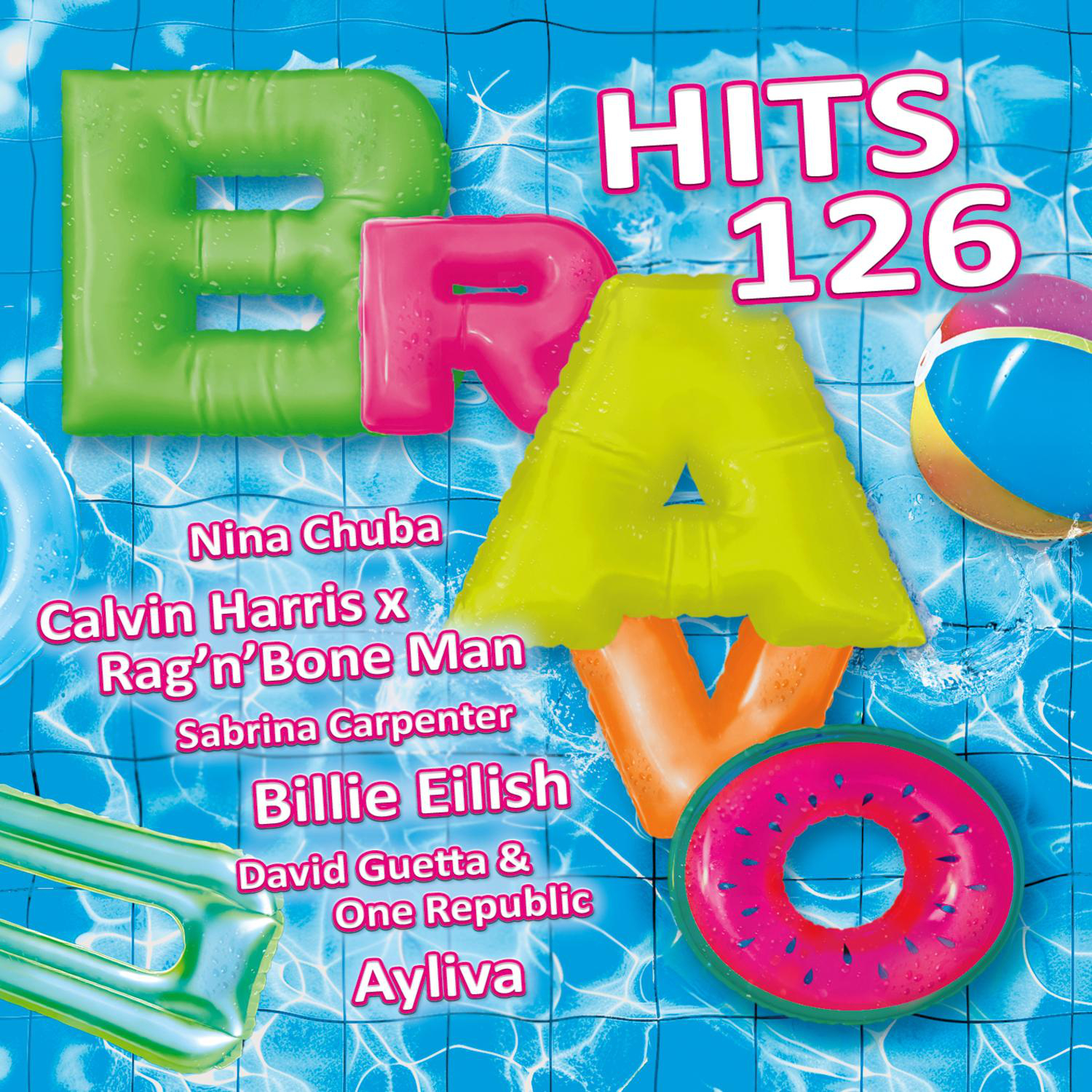Bravo Hits 126 Compilation-Albumcover mit Schwimmreifen und Künstlernamen.