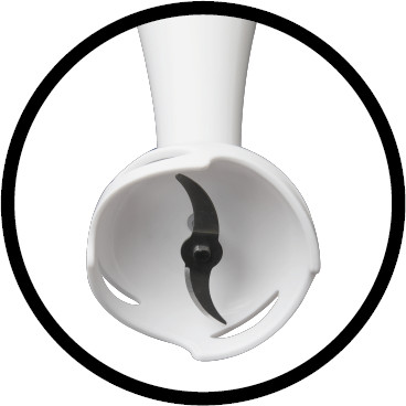 Close up of a white immersion blender blade. The blade is black and surrounded by white plastic.