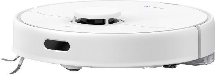 Aspirapolvere robotico bianco, forma rotonda, dettagli neri sensore e spazzola.