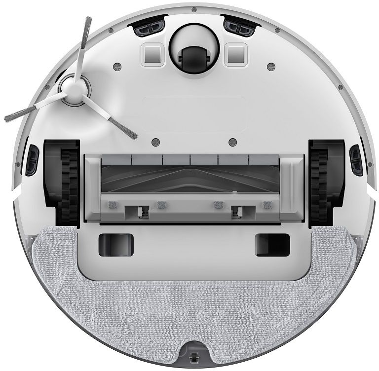 Vista inferiore di un aspirapolvere robot, con spazzole e ruote.