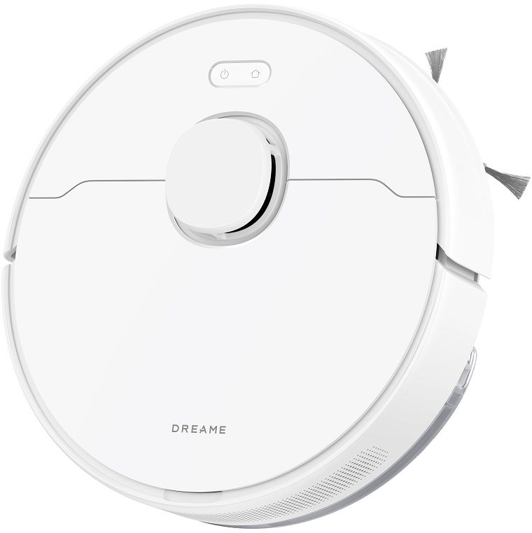 Un aspirapolvere robot Dreame bianco. Ha una forma rotonda con un pulsante centrale e una spazzola laterale.
