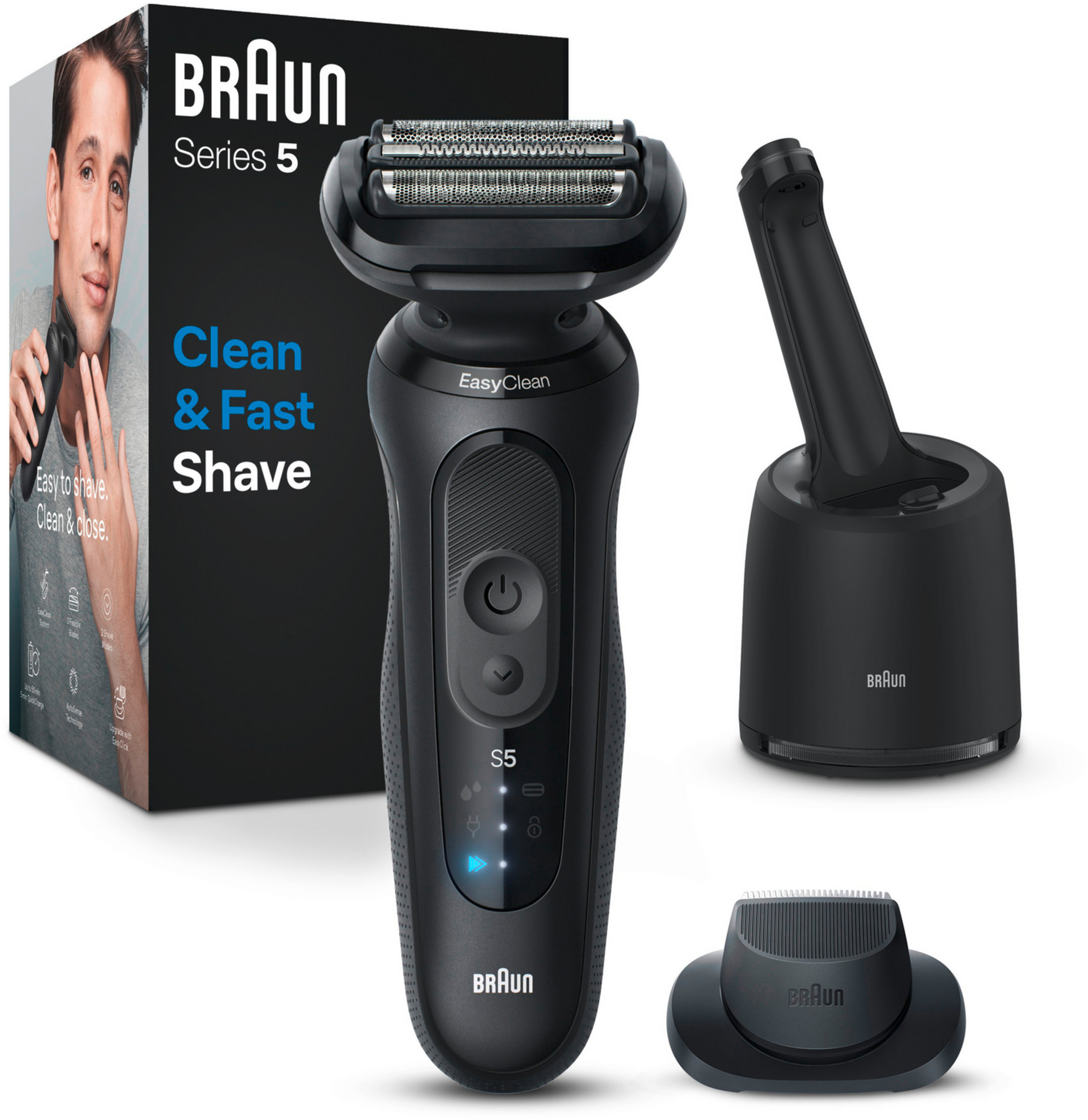 Braun Series 5 Elektrorasierer mit Ladestation und Reinigungsstation.