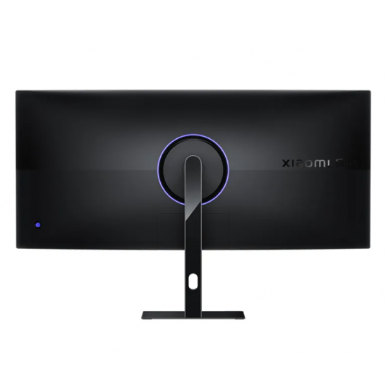 Vista trasera de un monitor de computadora negro con soporte y luz.