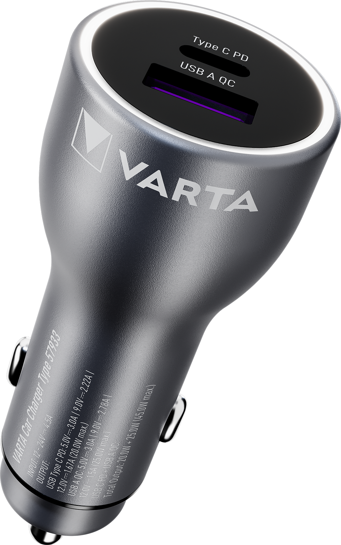 Egy ezüst színű autós töltő két USB porttal. A Varta logó látható.