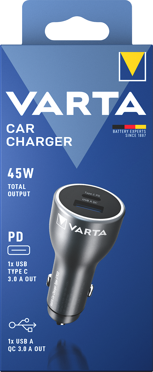 Ezüst Varta autós töltő USB portokkal, kék csomagoláson.