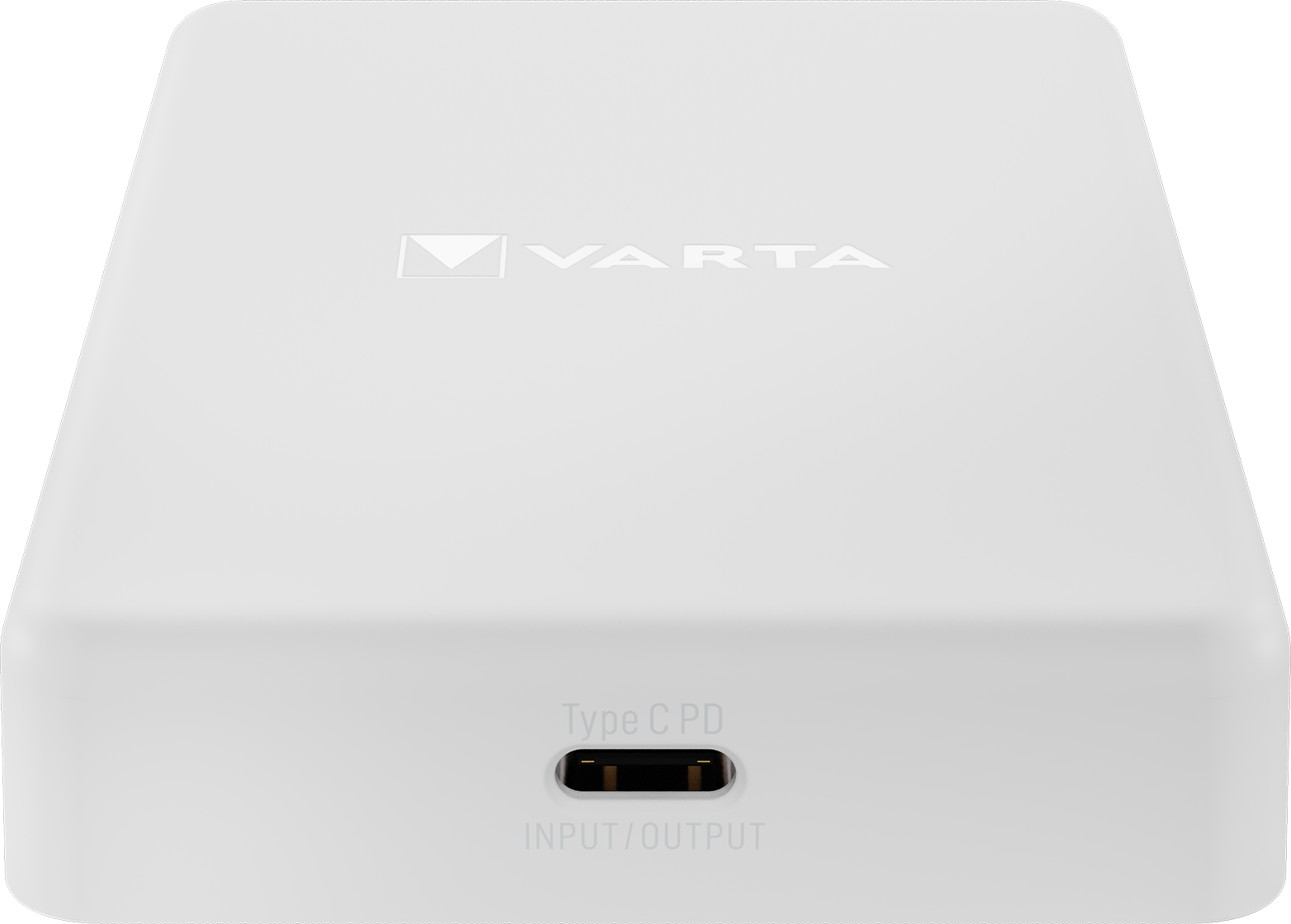 Fehér power bank C típusú porttal és VARTA felirattal.