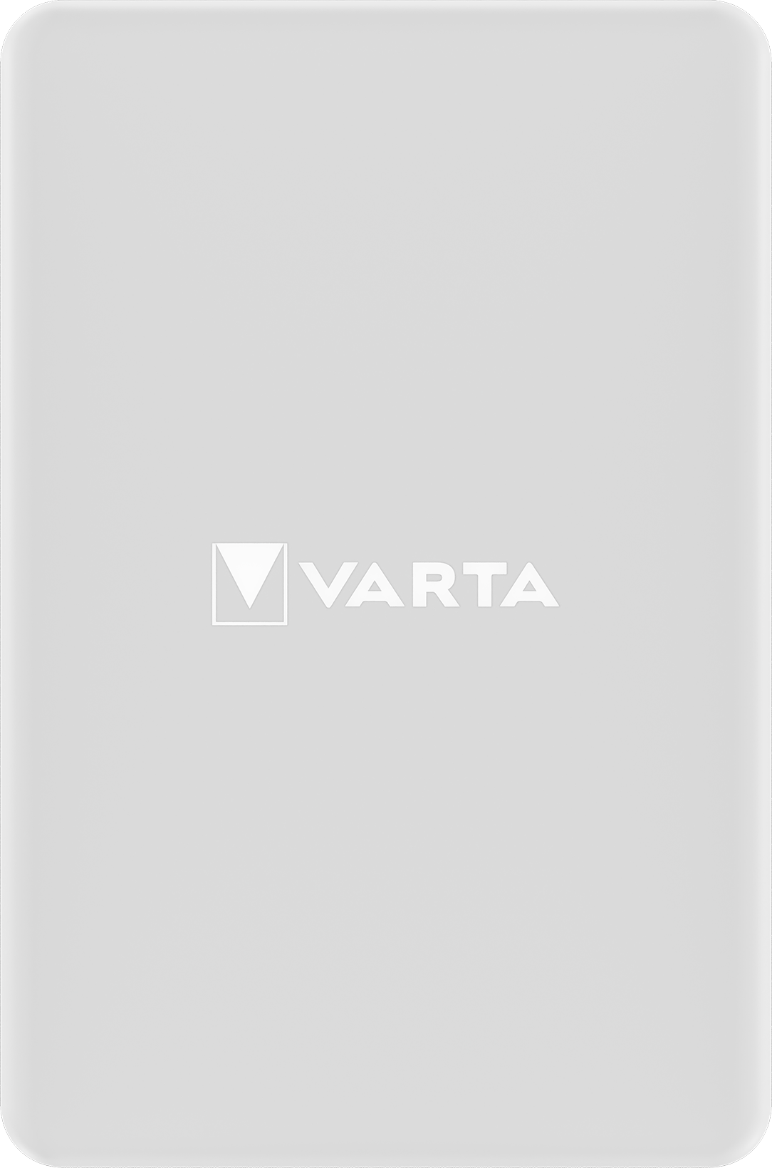 Egy téglalap alakú fehér VARTA power bank a VARTA logóval középen.