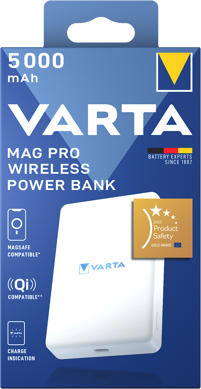 Varta power bank csomagolás. Egy fehér power bankot és a termékkel kapcsolatos szöveget tartalmaz.