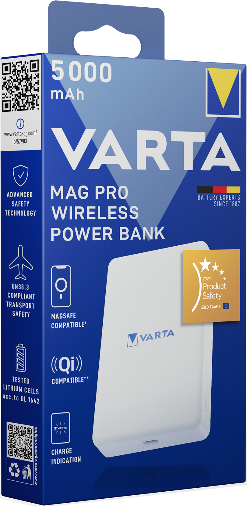Egy power bank fehér felülettel és Varta logóval.