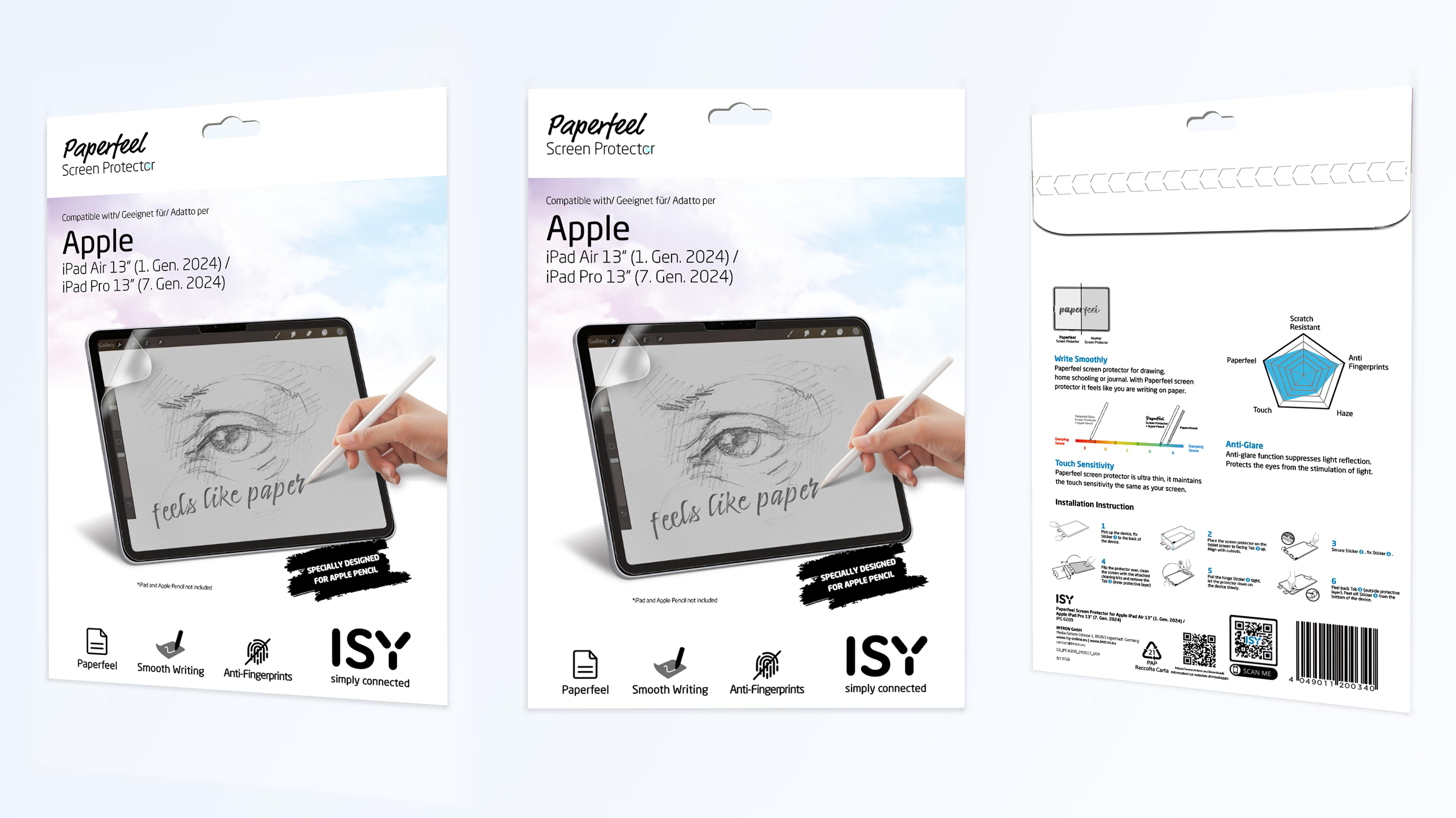 Drei Packungen Paperfeel-Displayschutzfolien für Apple iPad, Person zeichnet auf dem Bildschirm.