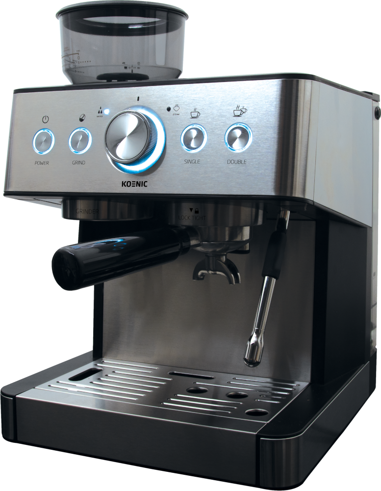 Stainless steel Koenic espresso machine. Has buttons, a grinder, and a water reservoir. Black and silver.