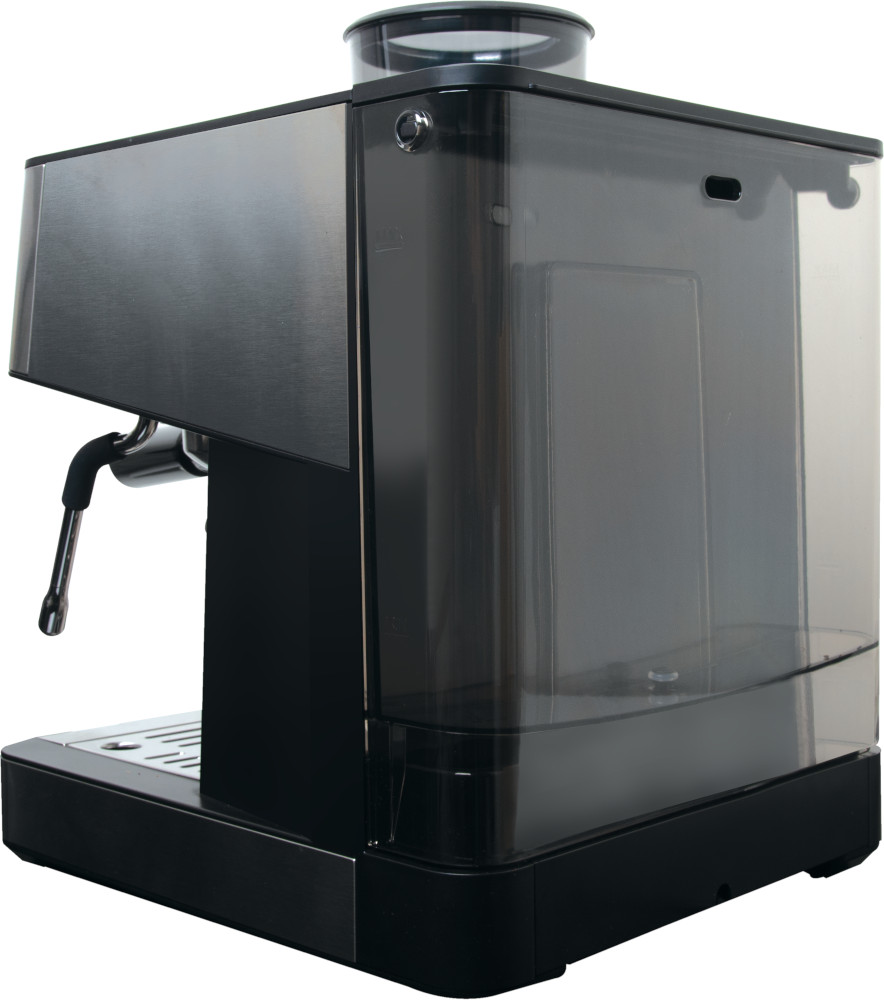 Espresso machine with a black base and a transparent water tank. The machine is black and steel.