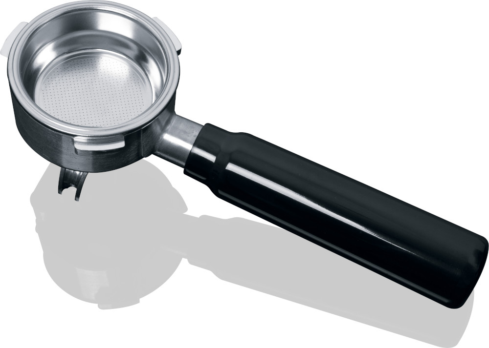 An espresso machine portafilter with a black handle.
