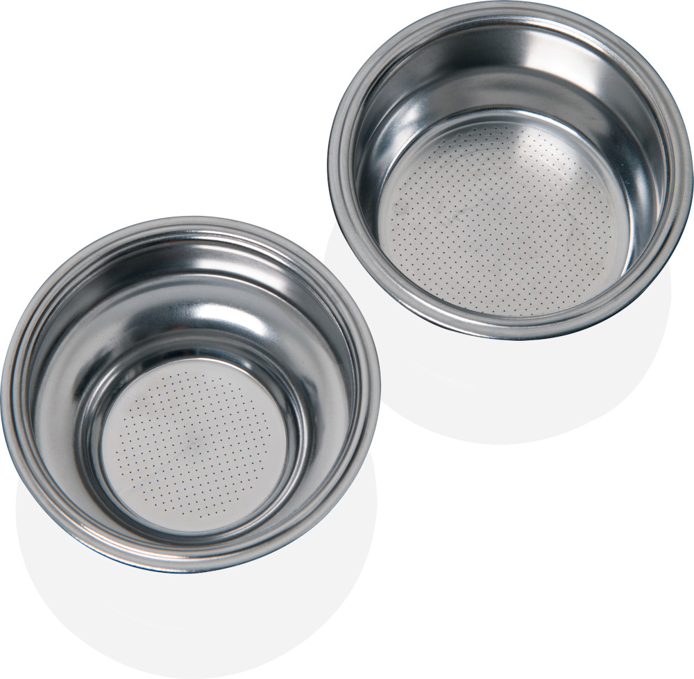 Two stainless steel espresso machine filter baskets.