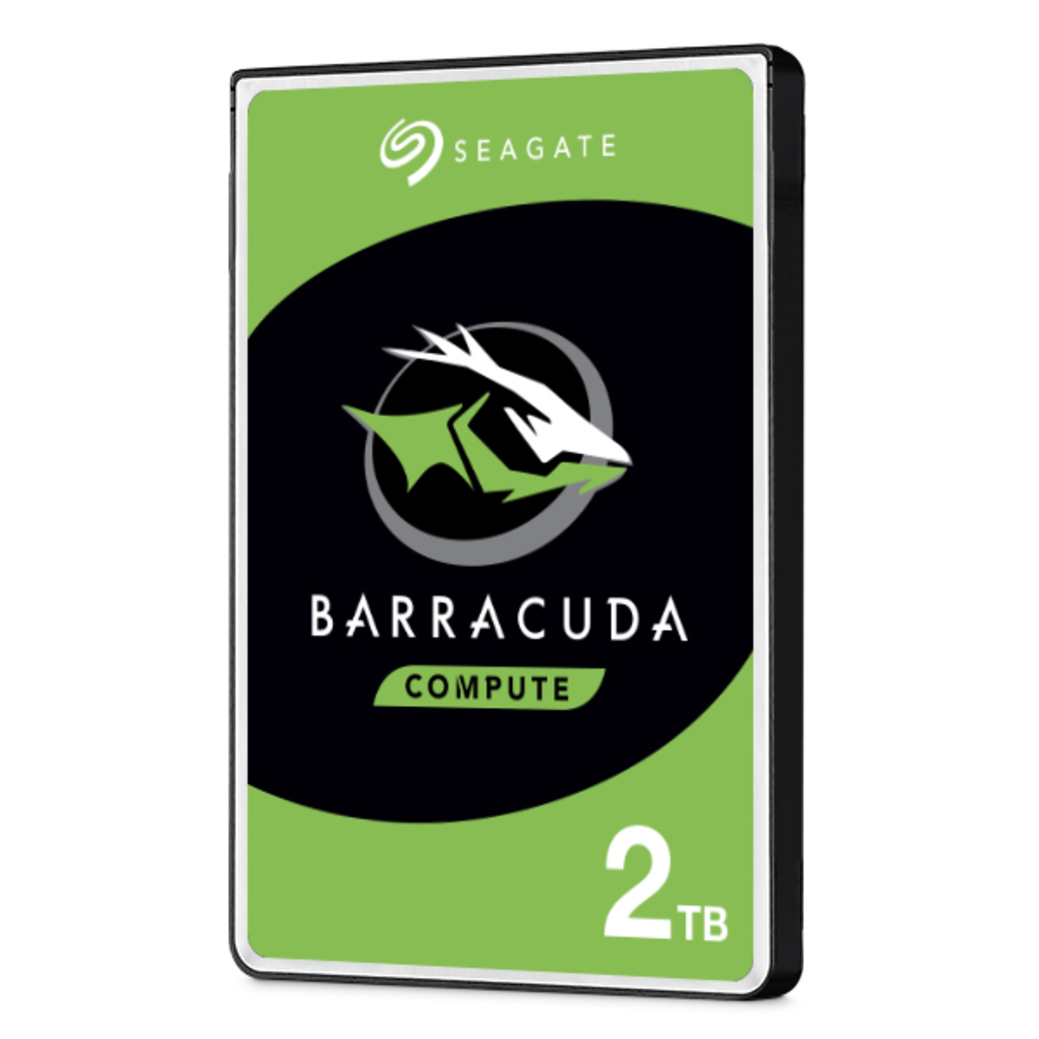 A Seagate Barracuda 2TB hard drive with a green label and white logo.