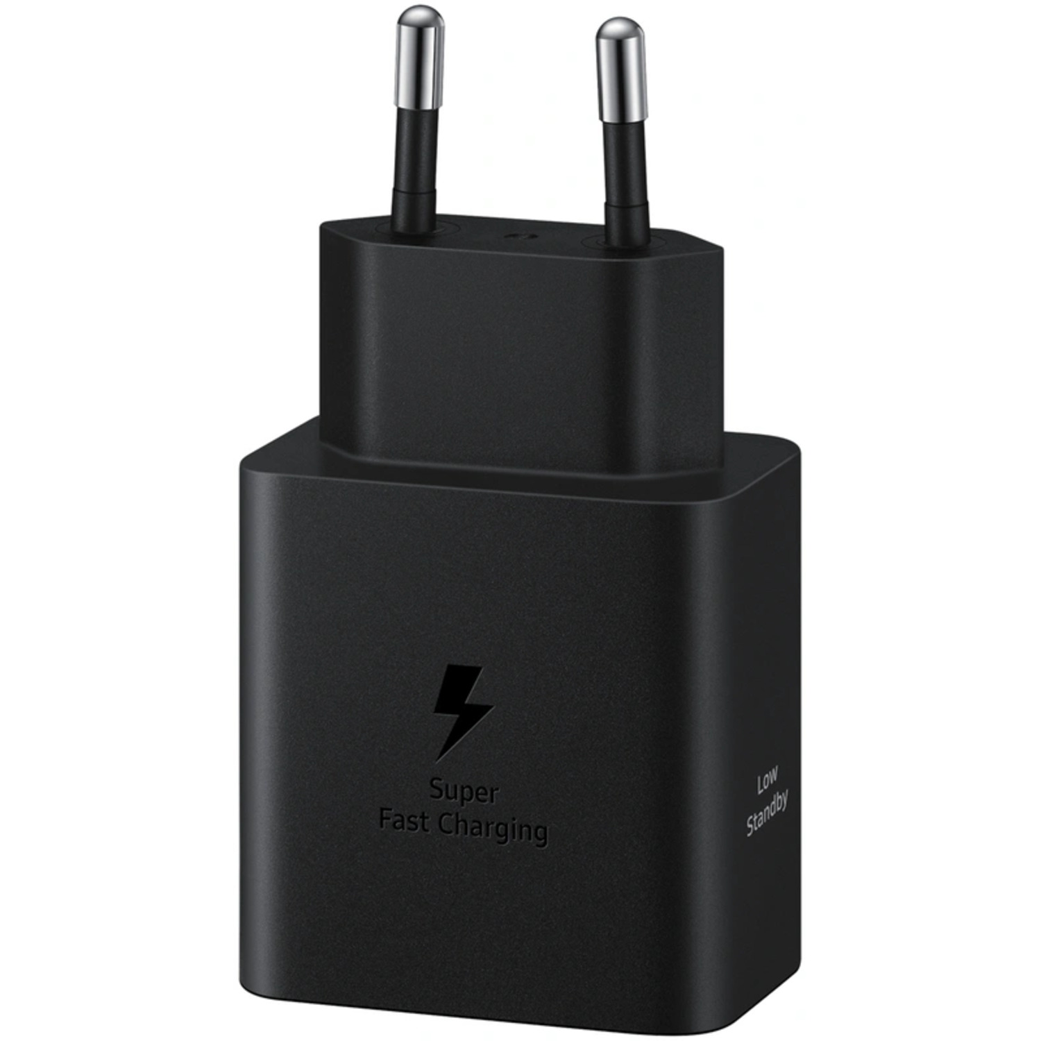 Black Samsung charger with Super Fast Charging logo and two-prong plug.