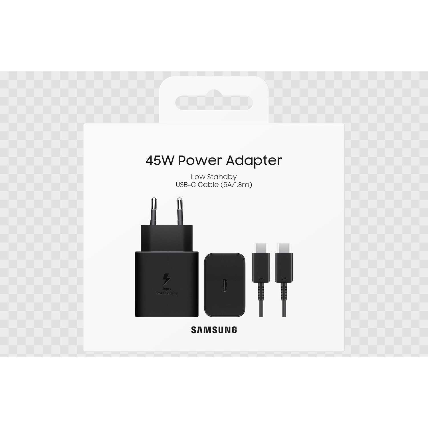 White box with a black 45W power adapter and two USB-C cables. Samsung branding.
