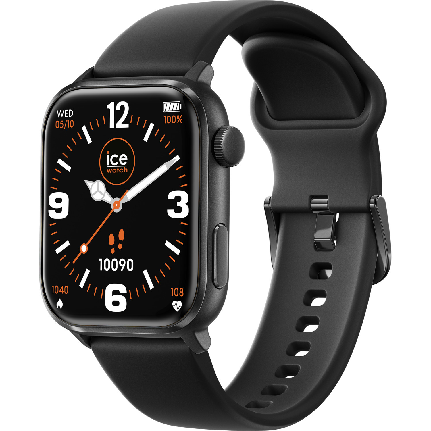Black smartwatch on a white background. The watch shows the date and time, and other metrics.