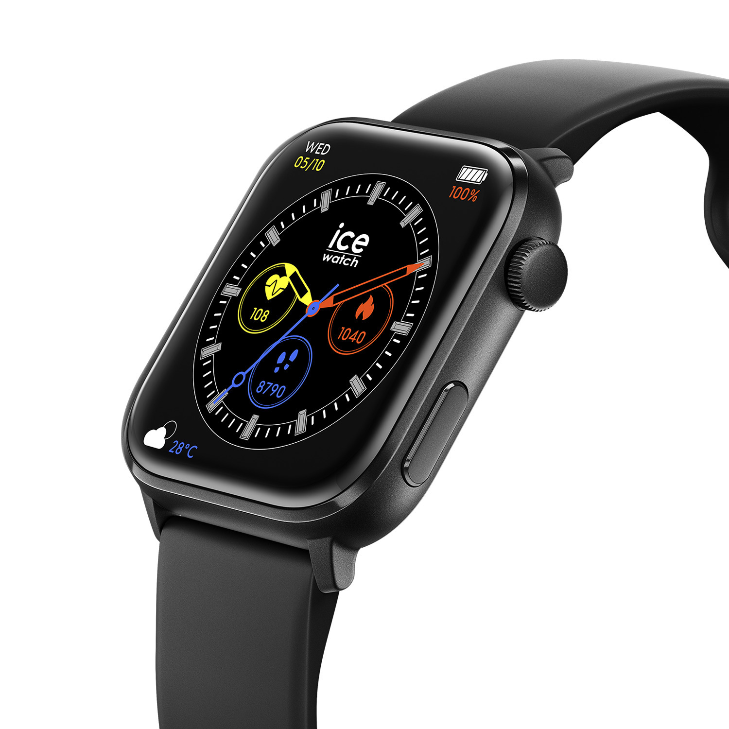 Black smartwatch showing time, stats, and battery life. Black strap.