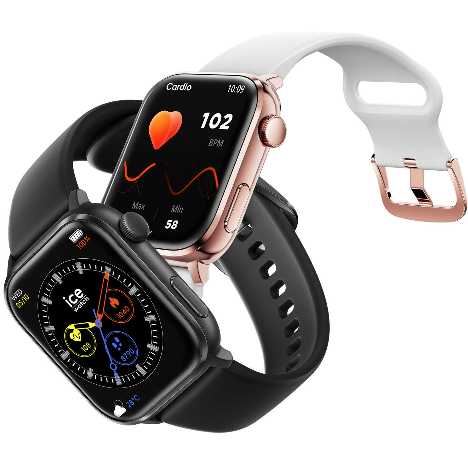 Two smartwatches, one rose gold and one black, with different interfaces.