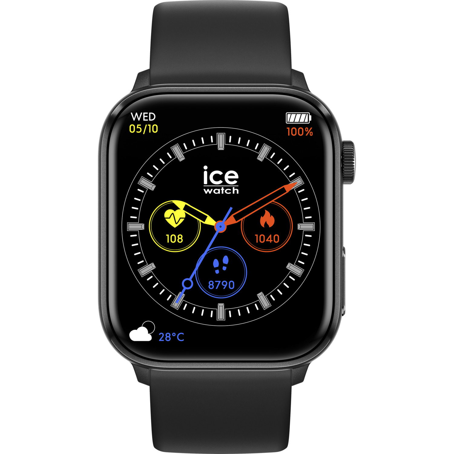 Black smartwatch displaying time, stats, and battery.