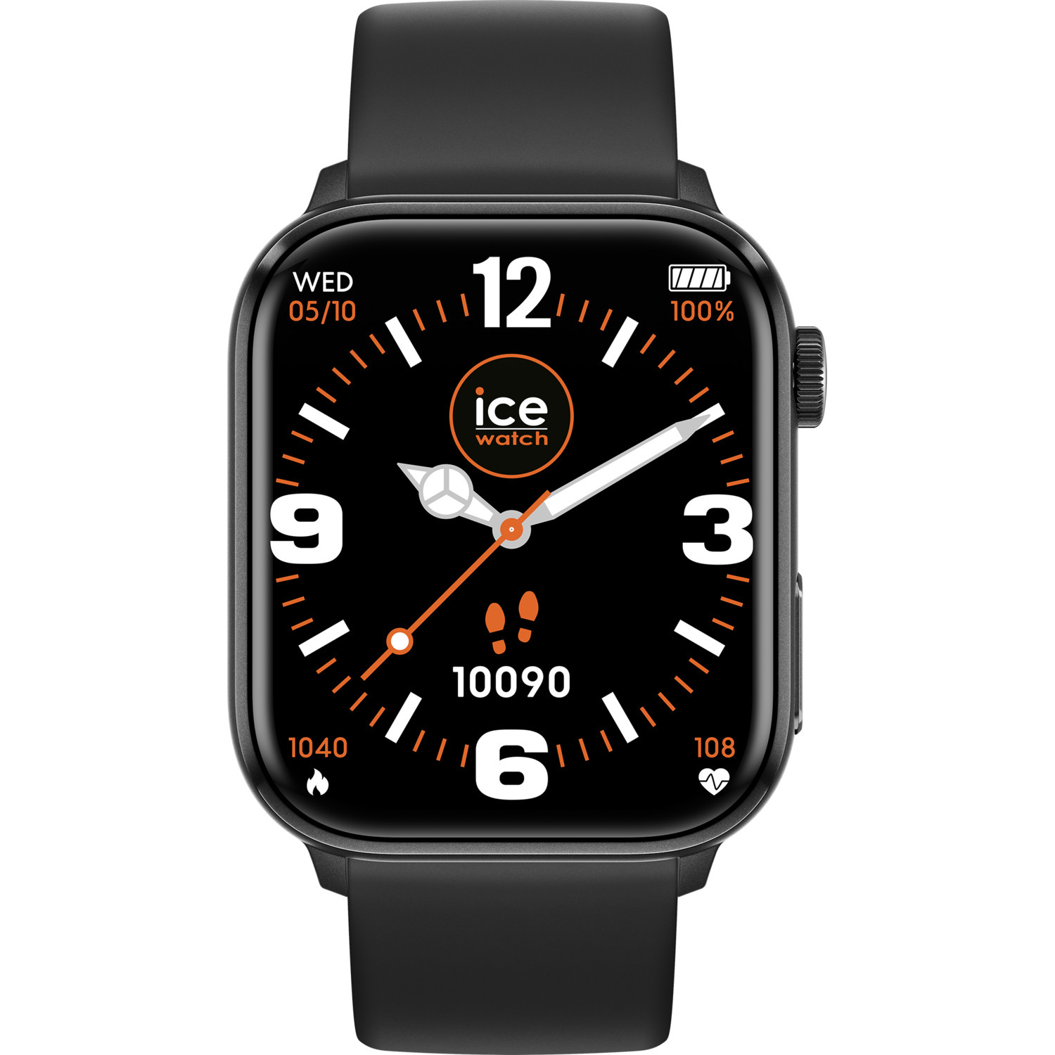 A black smartwatch with a square face, showing time and health metrics, black strap.