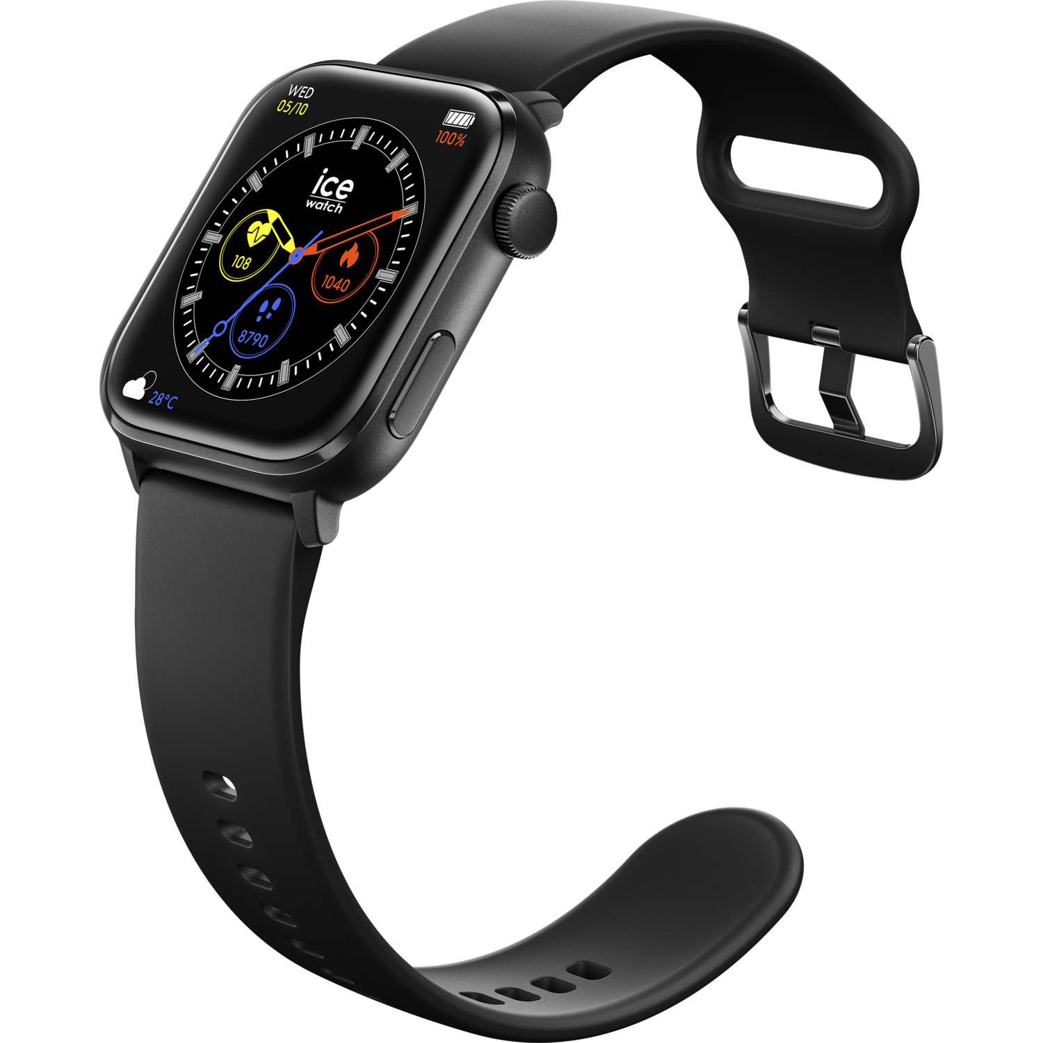 A black smartwatch with a black band, showing the time and some data on the screen.