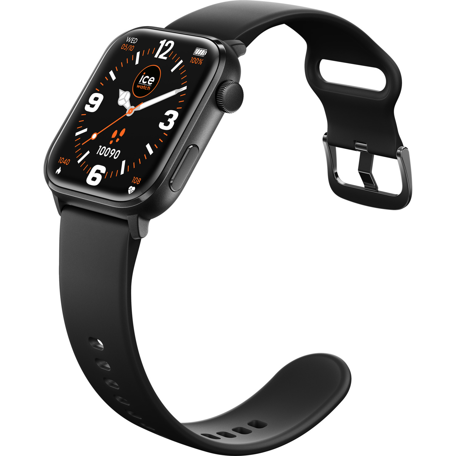 Black smartwatch with a rectangular face, time display, and black band, showing the watch's details.