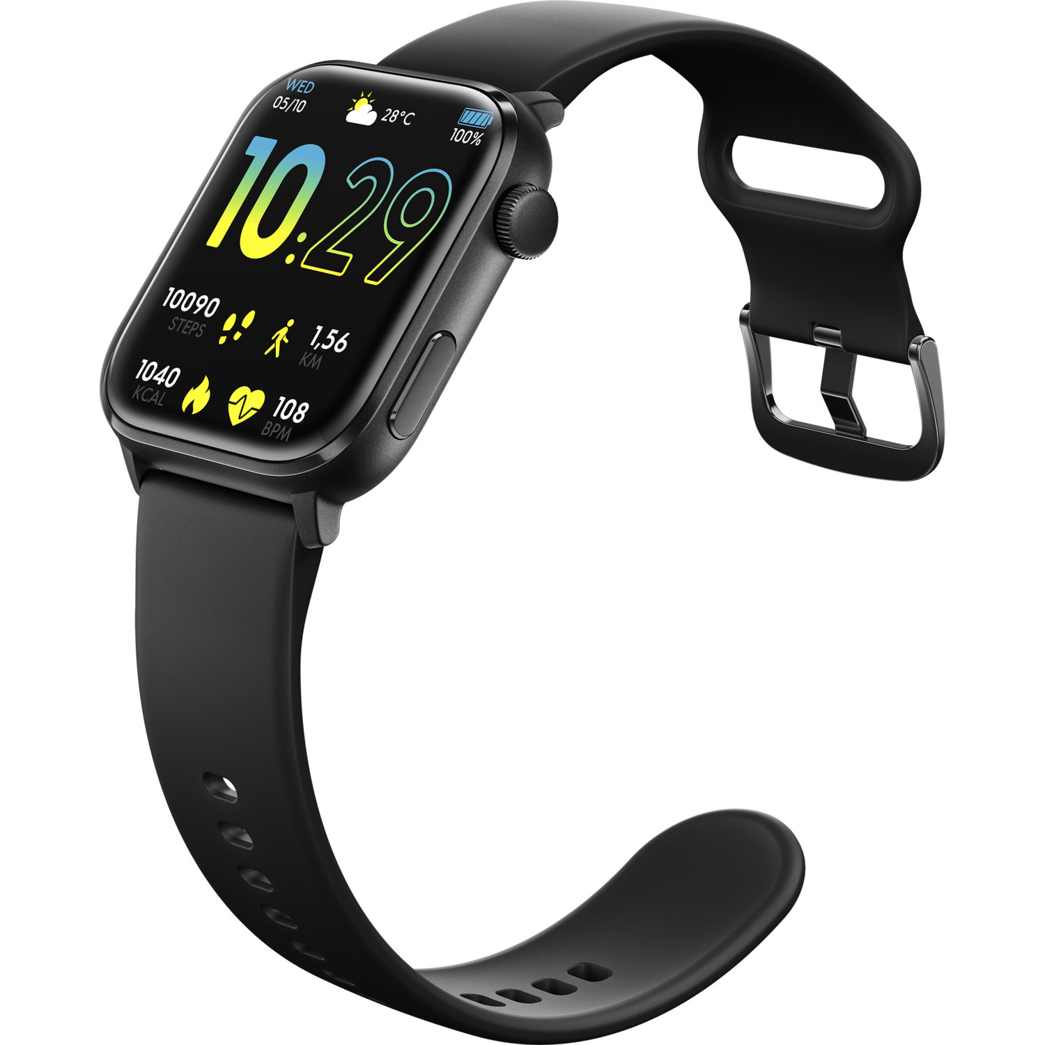 A black smartwatch displaying time, steps, distance, calories, and heart rate information.
