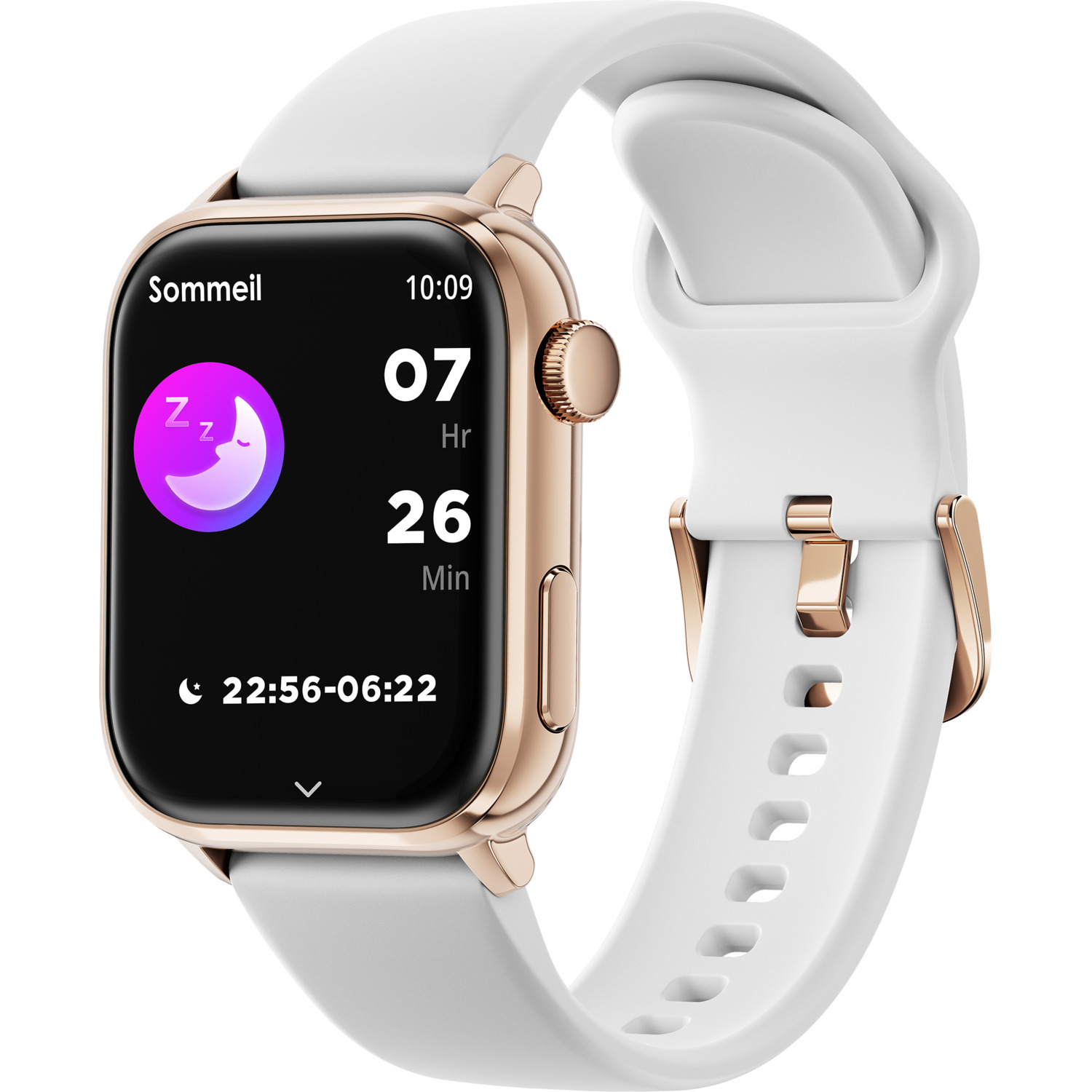 Gold and white smartwatch, shows sleep stats and time.