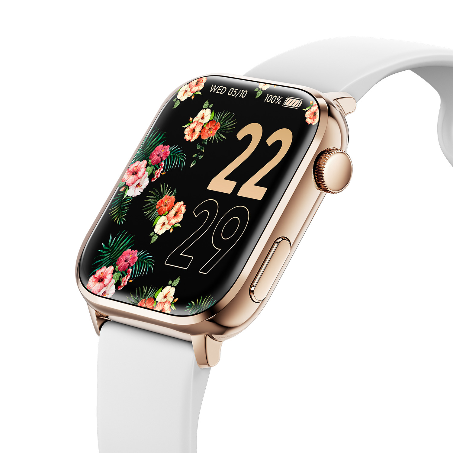 Gold watch with white band. The screen displays a floral background with the time 22:29 and the date.