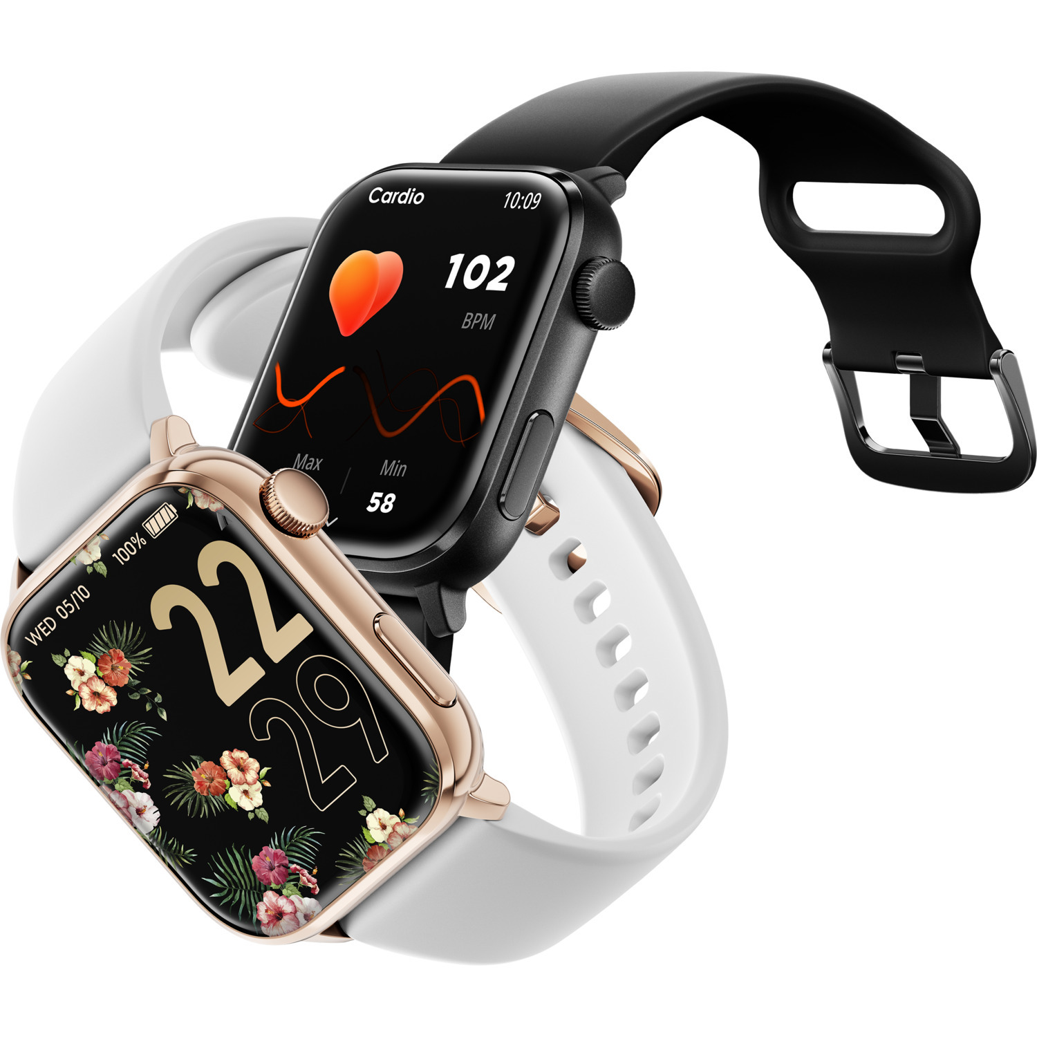 Two smartwatches: one black, one gold, both displaying time and health metrics, white background.