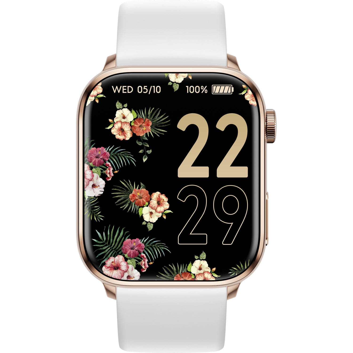 Smartwatch with floral display showing date and time. White strap, gold frame.