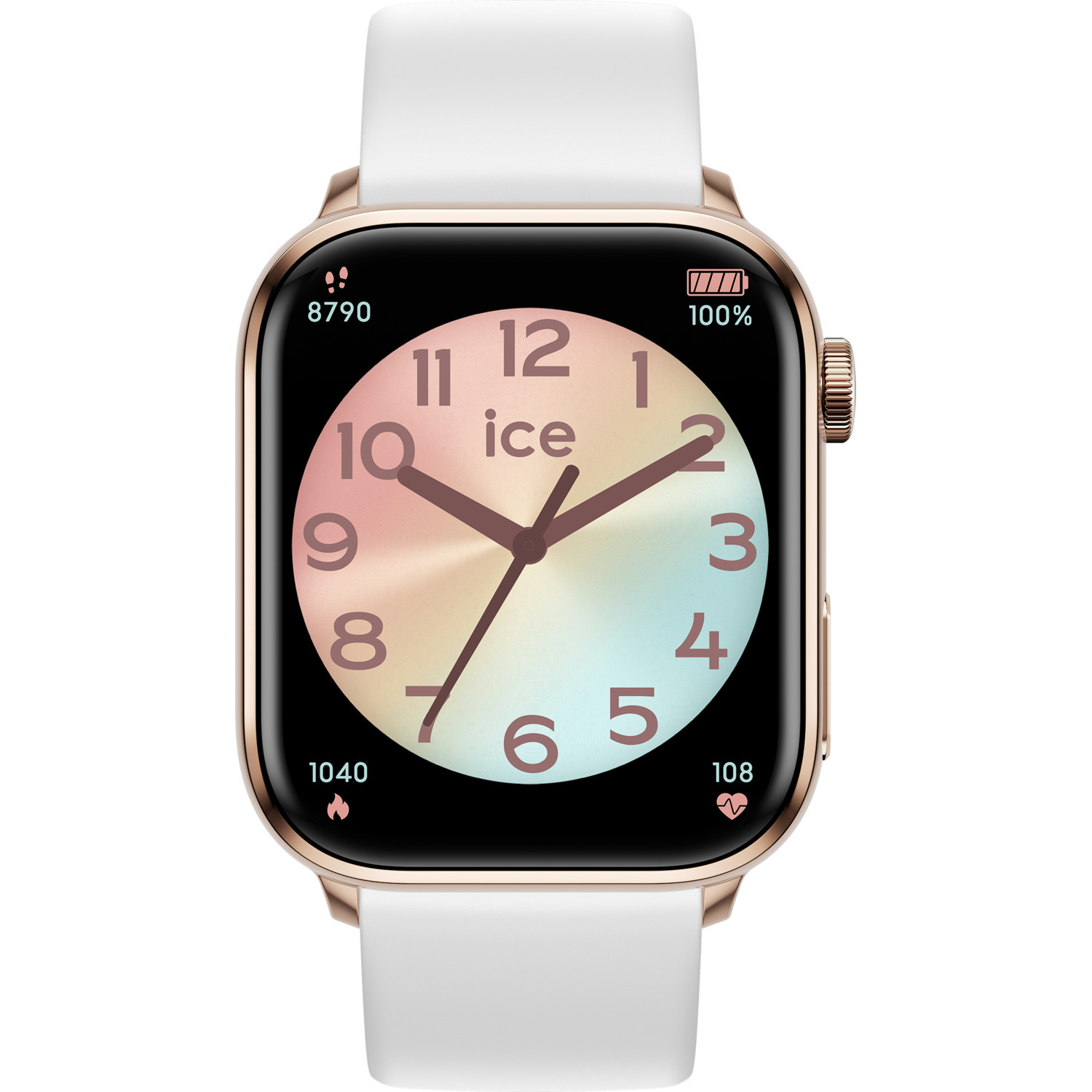 Gold and white smartwatch showing time and colorful face.