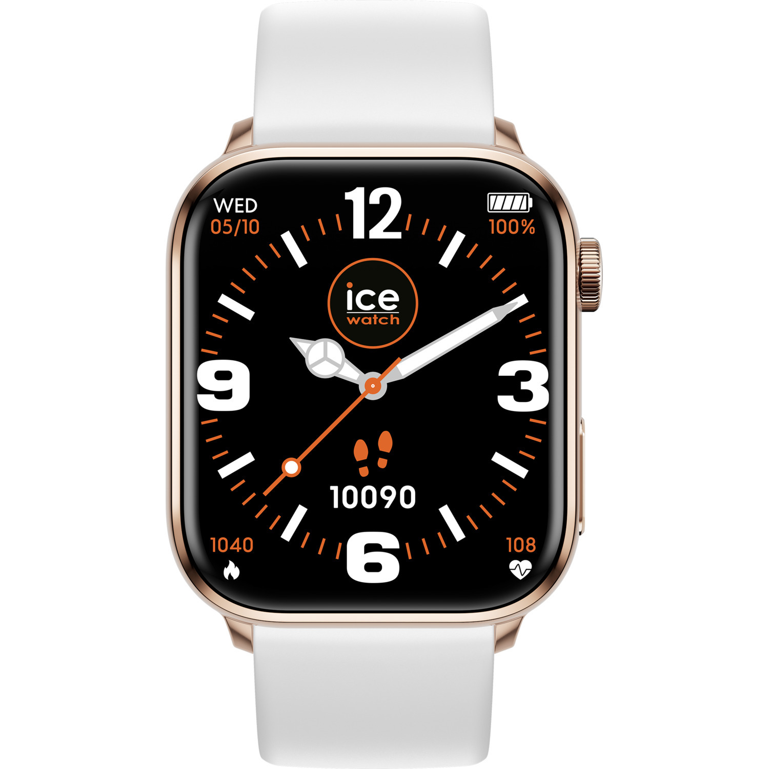 A gold smartwatch with a white strap. The screen shows a clock display and other details.