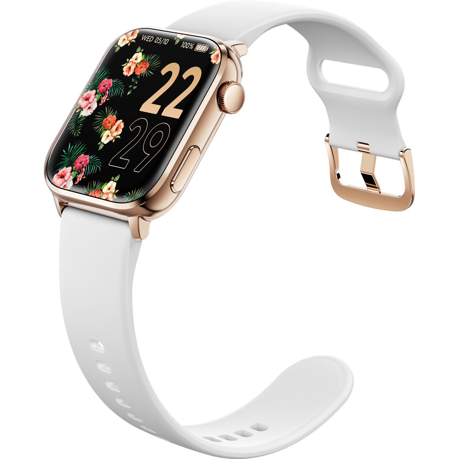 A gold watch with a white strap, displaying a floral screen with the date 22/29.