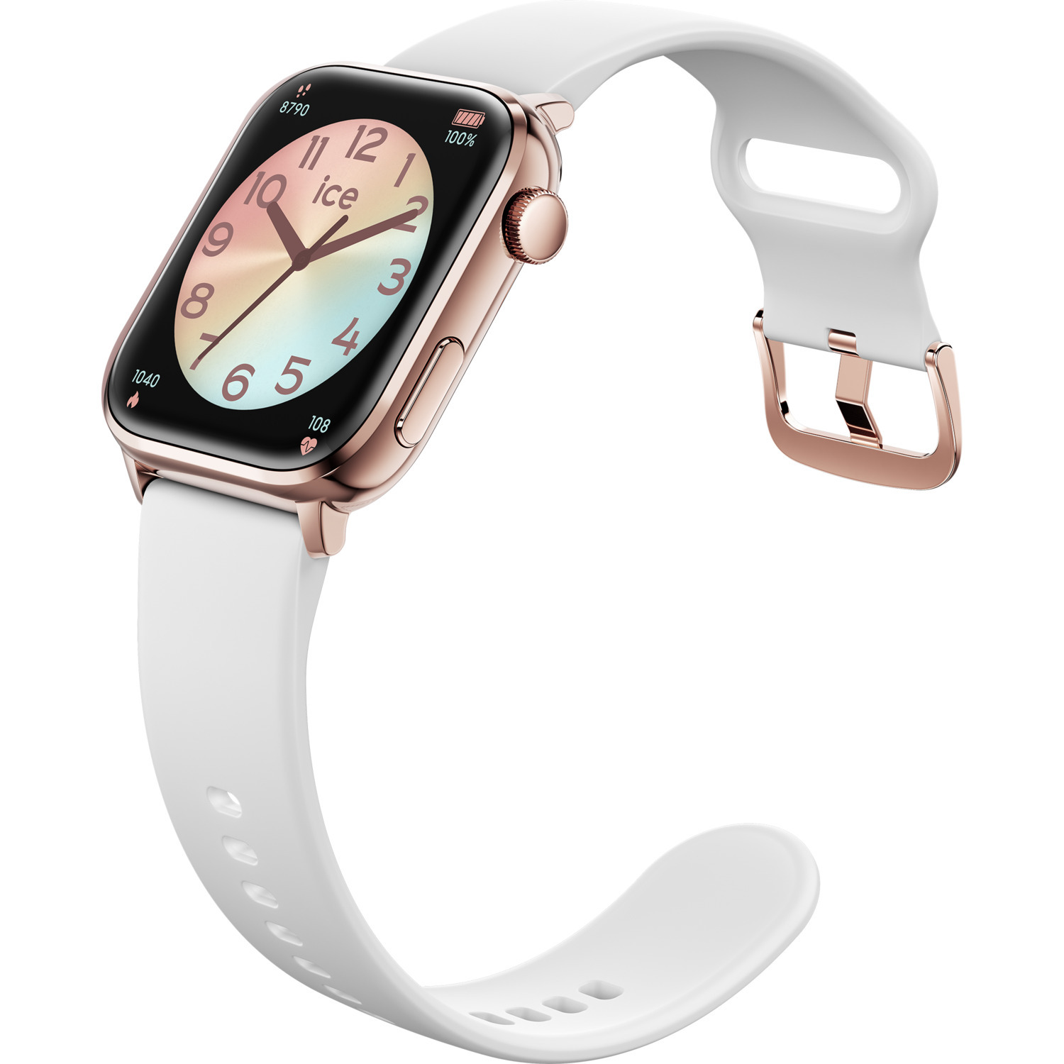 A rose gold smartwatch with white straps, displaying time.