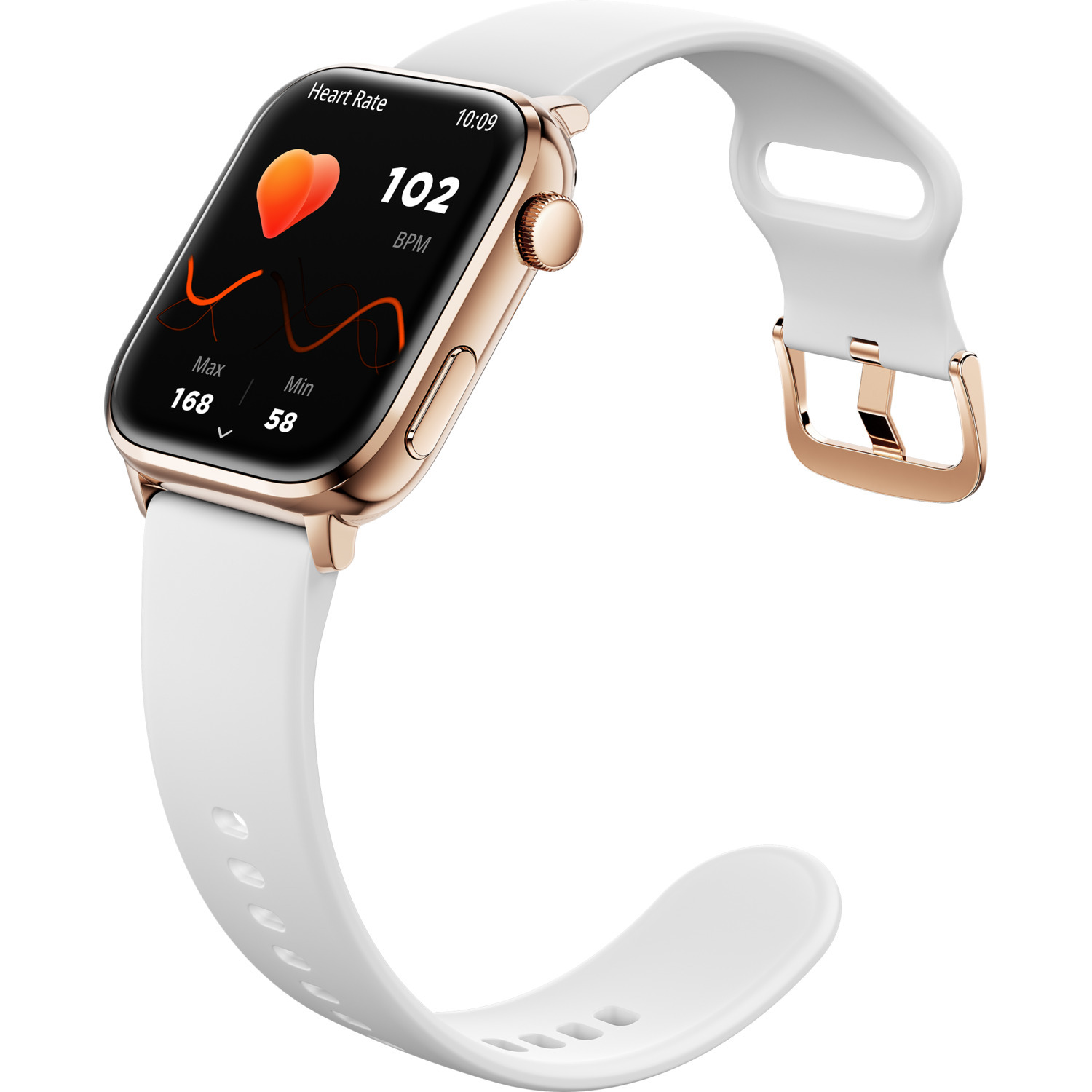 A smartwatch with a white band and heart rate data on screen.