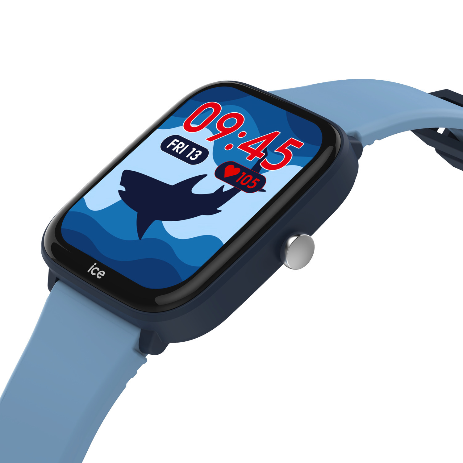 A smartwatch displaying a shark icon on a blue wavy background. The time is 09:45, heart rate 105.