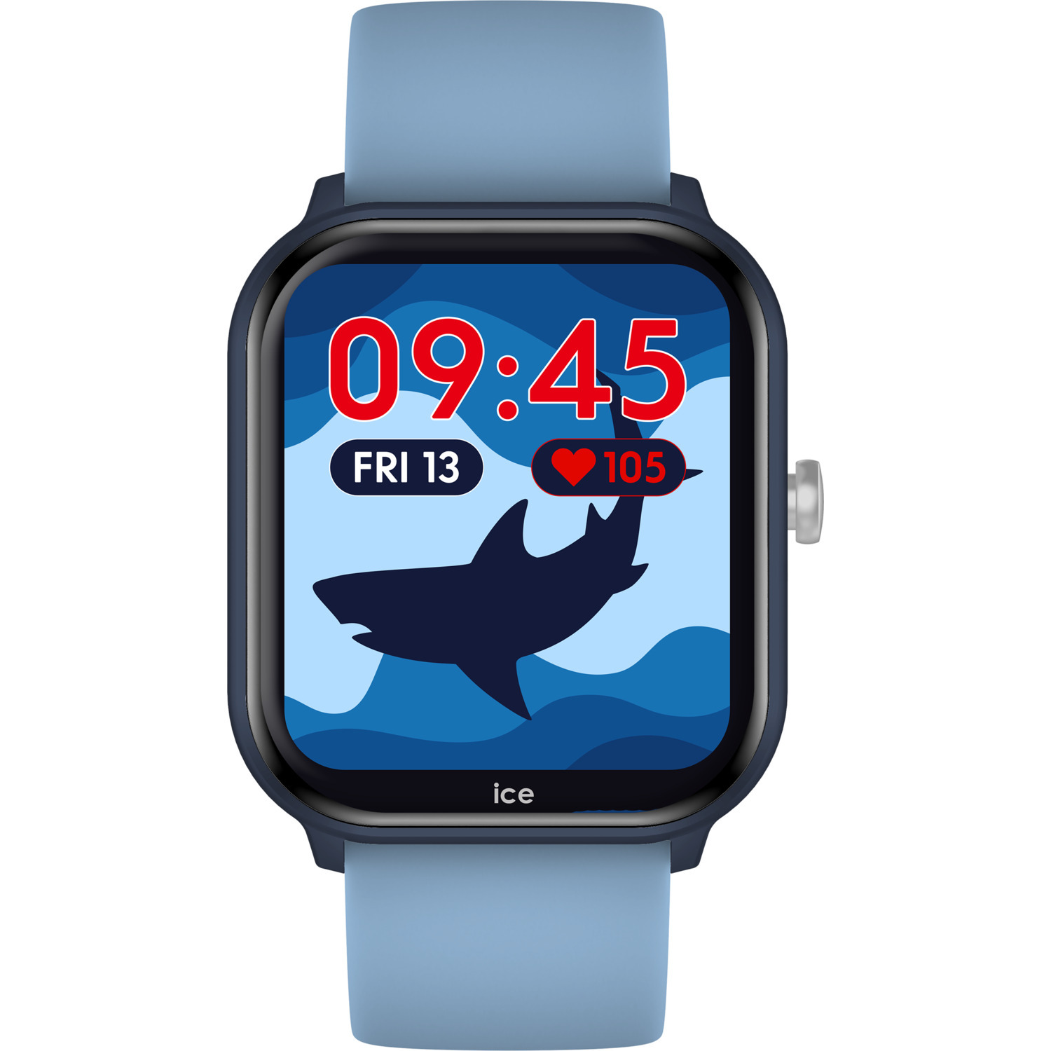 A smart watch with a blue band, showing the time, day, and heart rate.