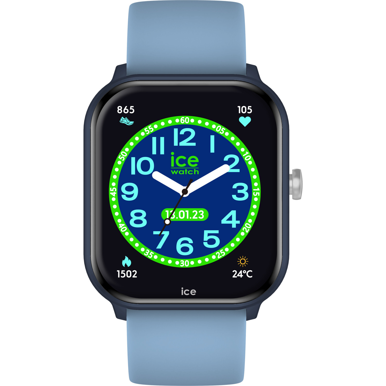 A blue smartwatch with a square screen, displaying the time and date.