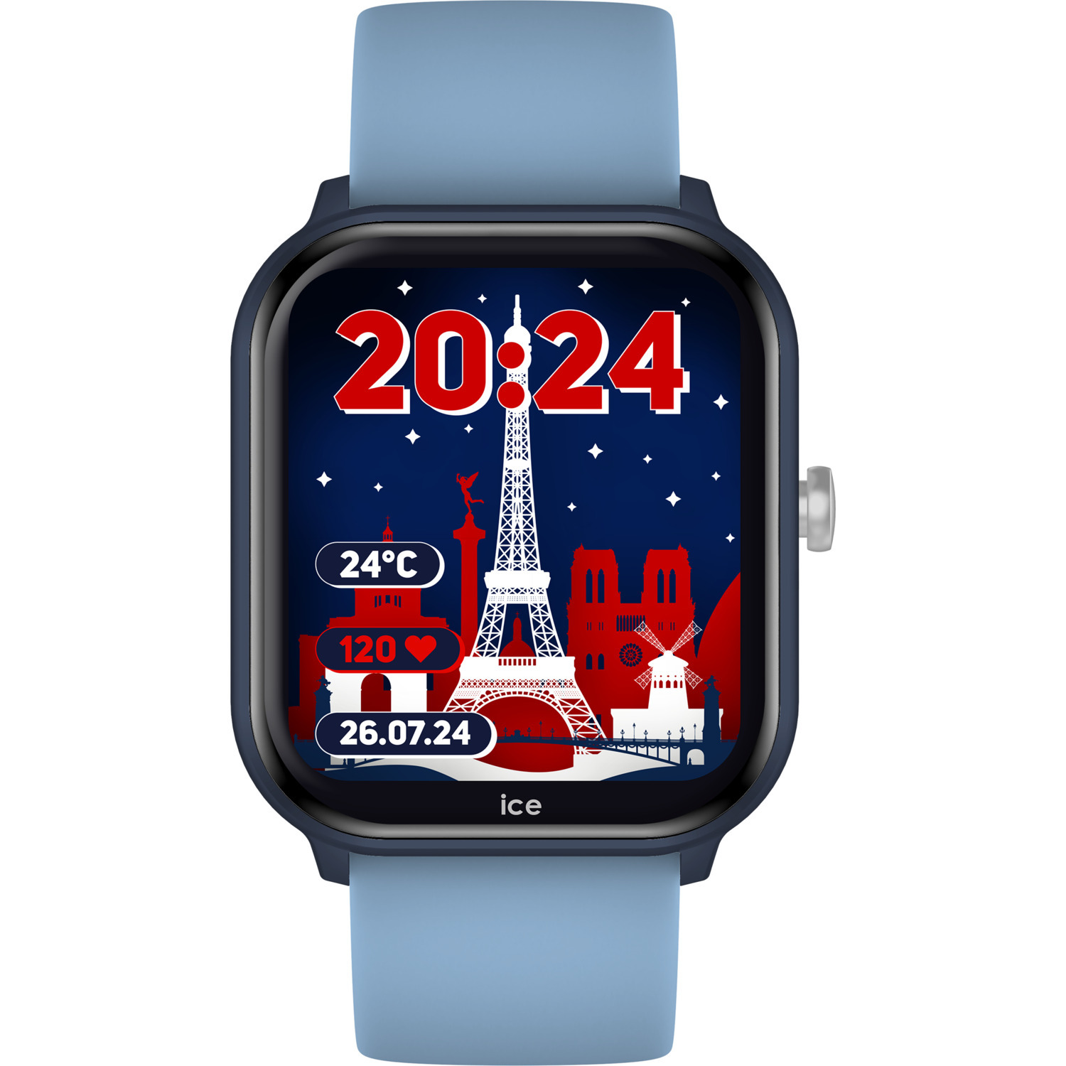 Smartwatch with a Paris theme on the screen, showing date, time, and temperature.