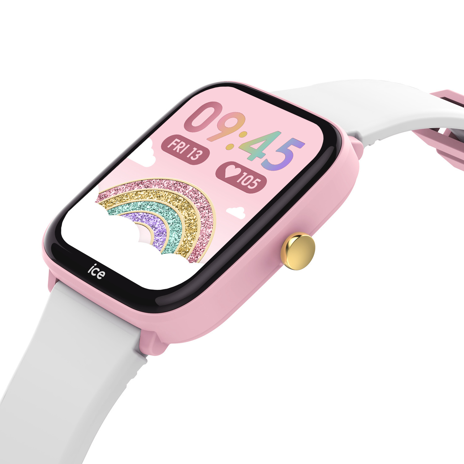 Pink smartwatch with a rainbow display and a white band.