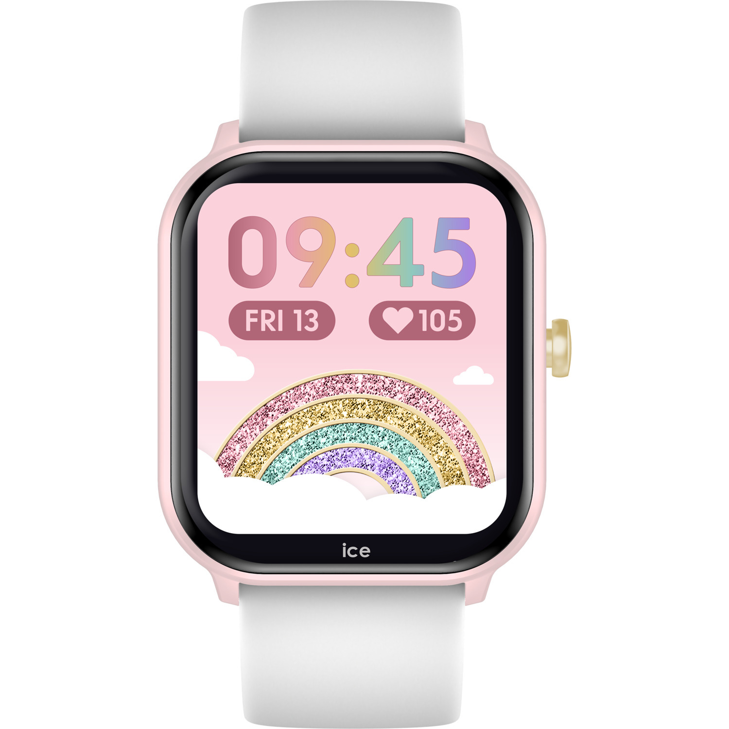 Pink smartwatch with white strap. The screen displays time, date, and a rainbow graphic.
