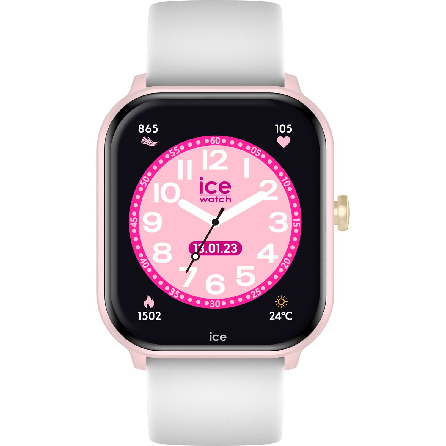 A white watch with a pink face and white strap against a white background.