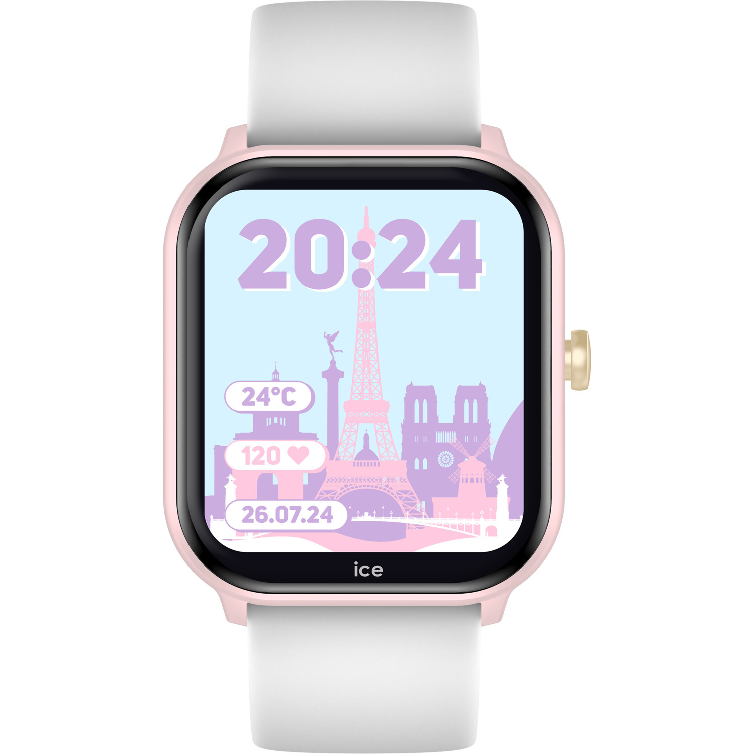 Pink smartwatch with white band, showing Paris.