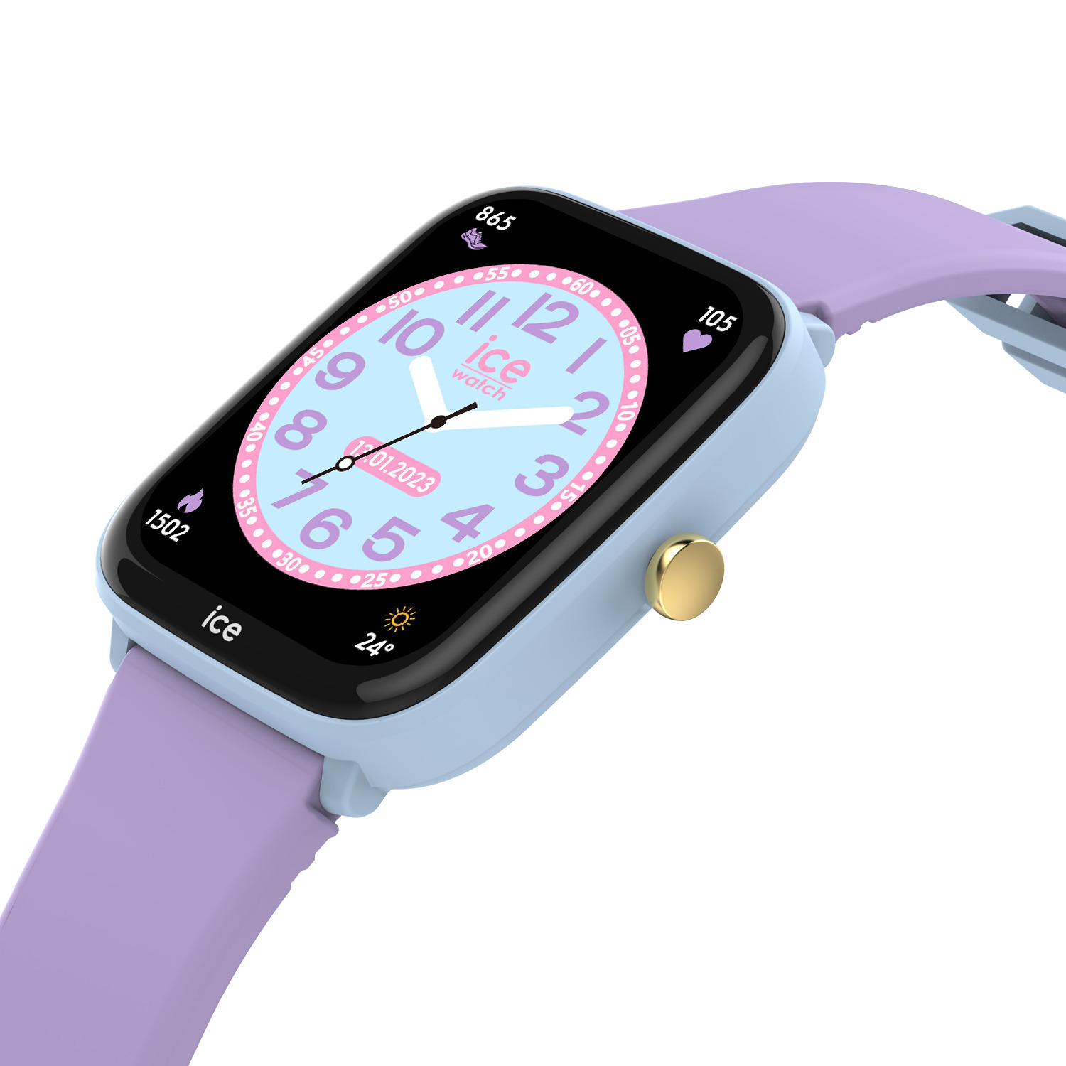 Blue and purple ice watch showing time and date.