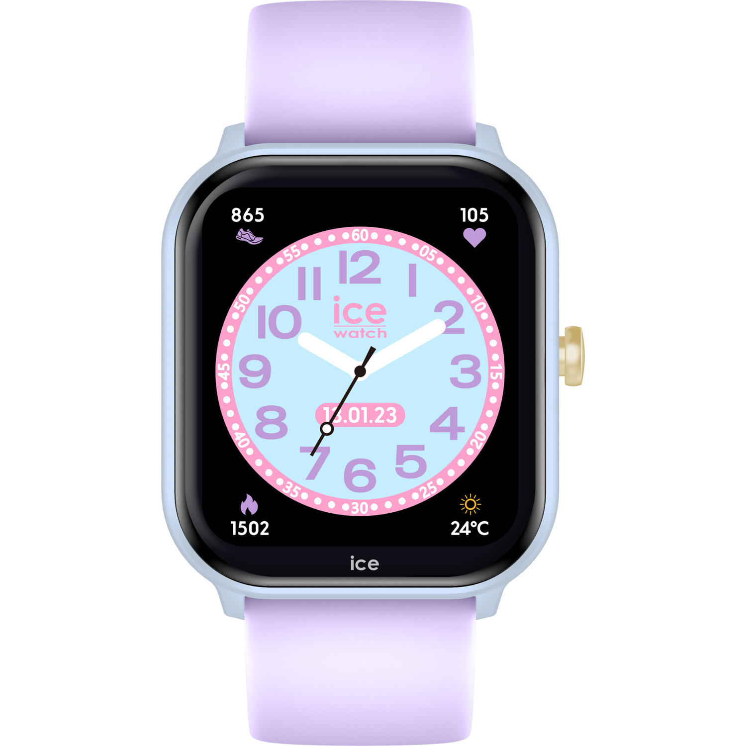 Ice watch with blue casing and lavender strap, white dial, and pink numbers.