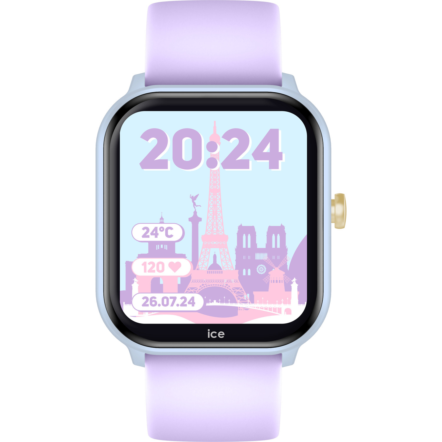 Smartwatch with a Paris theme on the screen, showing time and temperature.