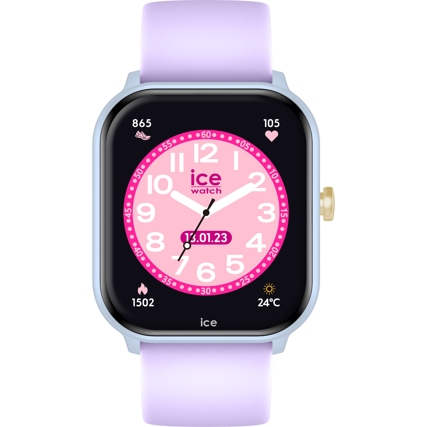 A smartwatch with a light blue band and a pink watch face.
